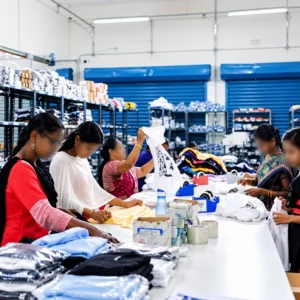 Garment packing team inspecting, folding and preparing printed apparel at Printgen's production house.