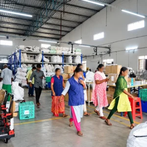 Textile warehouse and fulfillment team working among apparel stock and packing materials at Printgen's production house.