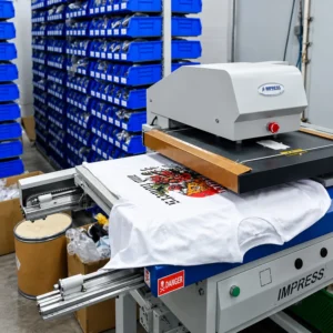 Industrial heat press finishing a custom printed T-shirt inside Printgen's production house.