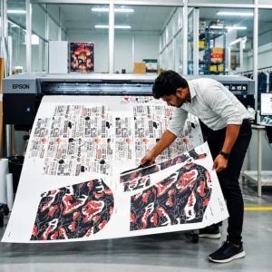 Worker handling large-format printed material from an industrial printer at Printgen's production house.