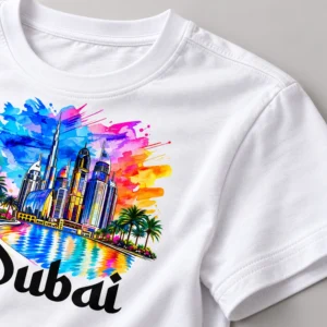Detailed view of a white Dubai cotton T-shirt showing the ribbed neckline, shoulder stitching, sleeve hem, and colorful skyline print.