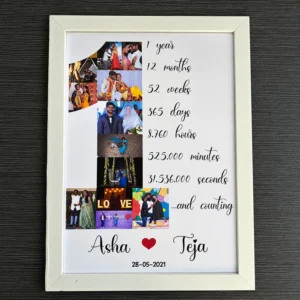 White personalized first anniversary photo frame featuring a number one picture collage, couple names, special date and milestone timeline.