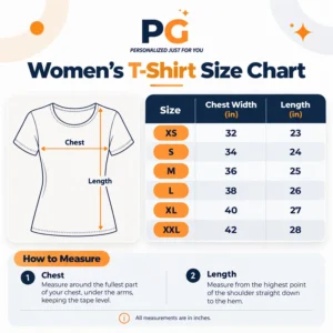 PG women's T-shirt size chart XS to XXL with chest and length measurements in inches.