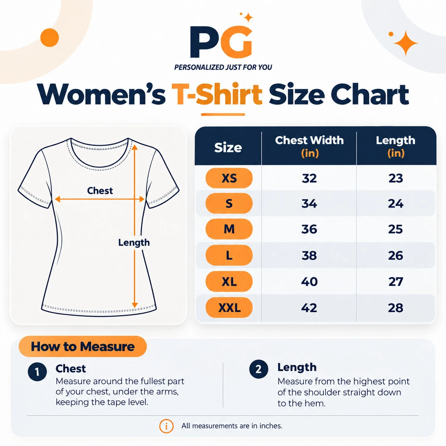 PG women's T-shirt size chart XS to XXL with chest and length measurements in inches.
